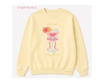 Illustrazione PNG di un elegante cocktail rosa con dettagli floreali e agrumati, composto da maglietta e maglione.