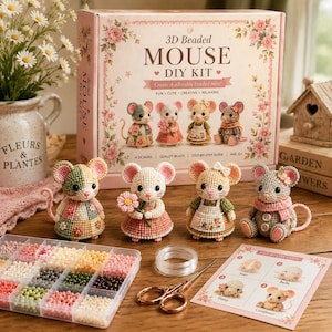 Mouse Garden Bead Kit – Assemble 4 Sweet Mice in Dresses with Flowers & Scarves for Spring Decor or Gift Giving