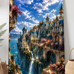 May include: A vertical wall art print depicting a fantasy coastal city built on steep cliffs. The scene features ornate stone buildings with blue roofs, cascading waterfalls flowing into the sea, and vibrant pink flowers under a bright blue sky.