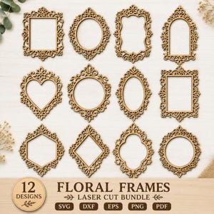 Pode incluir: Uma coleção de 12 molduras de madeira castanho-claro com recortes florais intrincados em várias formas, incluindo retangulares, ovais, coração, hexagonais e diamante. O texto 12 DESIGNS FLORAL FRAMES LASER CUT BUNDLE está visível.