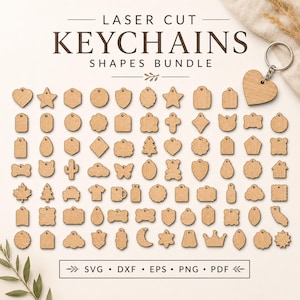 Pode incluir: Uma coleção de formas de porta-chaves de madeira cortadas a laser em vários designs, incluindo corações, estrelas, animais e formas geométricas. O texto LASER CUT KEYCHAINS SHAPES BUNDLE e SVG DXF EPS PNG PDF está impresso no fundo claro.