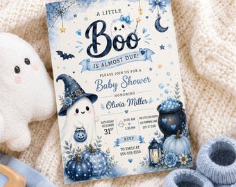 May include: A rectangular baby shower invitation card featuring a blue and white theme with a ghost wearing a witch hat, a cauldron, pumpkins, and stars. The text reads A LITTLE Boo IS ALMOST DUE! PLEASE JOIN US FOR A Baby Shower HONORING Olivia Miller.