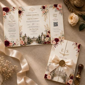May include: A tri-fold wedding invitation suite featuring cream cardstock with burgundy and blush floral illustrations, gold foil lettering, and a gatefold design secured by a champagne satin ribbon and a gold wax seal with the initials ES.
