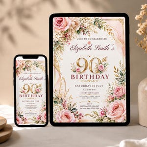 Op de afbeelding: Digitale uitnodiging voor Elizabeth Smith's 90e verjaardag, getoond op een tablet en smartphone. Het ontwerp bevat bloemmotieven, gouden accenten en evenementdetails: zaterdag 16 juli om 18:00 uur.