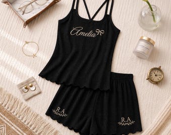 Custom Bridesmaid Pajamas Cami Satin Set Embroidered Bachelorette Party PjsPersonalized Bridal Shower Pajama, Matching Getting Ready Outfits