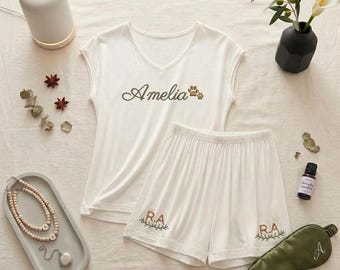 Personalized Embroidered Pajama Set, Custom Name Matching PJs for Bridesmaid Proposal, Bachelorette Party Lounge Set, Cute Gift for Her