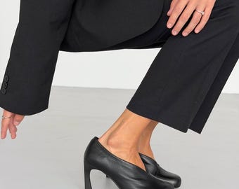 Wide Toe Box Heels for Women, Black Leather Pumps, Anatomical Toe High Heels, 8cm Block Heel Office Dress Shoes