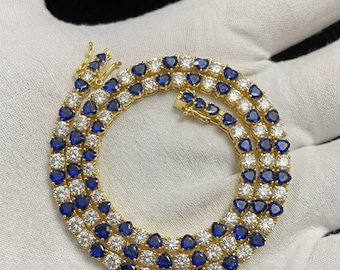 Collar de tenis antiguo vintage de zafiro y diamantes, chapado en oro amarillo de 14k, collar único de piedras preciosas azules y blancas, joyería de tenis