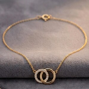 Dainty 14K Yellow Gold Interlocking Circle Necklace • Pave Diamond Double Pendant