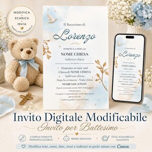 May include: A digital baptism invitation with a watercolor design. The invitation features the name "Lorenzo" in elegant script, along with event details. A teddy bear, cross, and smartphone displaying the invitation are also visible.
