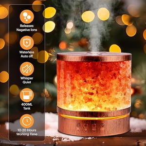 May include: A copper-colored essential oil diffuser with a warm, glowing interior. The diffuser has a 400ml tank and a working time of 10-20 hours. Features include waterless auto-off and whisper-quiet operation. The diffuser releases negative ions.