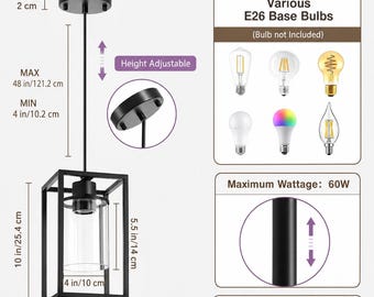 Pendant Light Modern Industrial Black, Farmhouse Square Metal Cage Hanging Light Fixture, Clear Glass Shade Kitchen Island Lighting, E26
