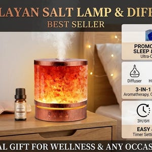 May include: Himalayan salt lamp and diffuser with a copper finish. The lamp has a textured, glowing salt crystal design. Features include a diffuser, humidifier, and night light. Also includes an essential oil bottle and eye mask.