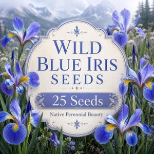 Peut inclure: Une étiquette circulaire avec un fond crème et une bordure bleue portant le texte Wild Blue Iris Seeds, 25 Seeds et Native Perennial Beauty, entourée d'iris bleus aux centres jaunes et tiges vertes sur un fond de montagnes.