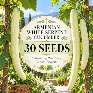 Könnte beinhalten: Eine Packung mit 30 Samen der armenischen weißen Schlangengurke mit einem Etikett, das den Text "ARMENIAN WHITE SERPENT CUCUMBER 30 SEEDS Extra-Long Pale Ivory Garden Favorite" und Abbildungen langer, elfenbeinfarbener Gurken zeigt.