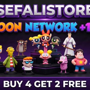 Könnte beinhalten: Eine Sammlung verschiedener Cartoon Network-Figuren auf einem abgestuften Display. Der Text SEFALISTORE, CARTOON NETWORK +100 GB sowie die Werbeangebote BUY 3 GET 1 FREE, BUY 4 GET 2 FREE und BUY 5 GET 3 FREE sind deutlich zu erkennen.