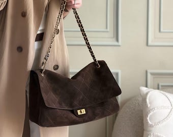 Suede Quilted Chain Bag, Large Leather Shoulder Bag, Vintage Inspired Crossbody Purse, Elegant Everyday Handbag, Gift for Her