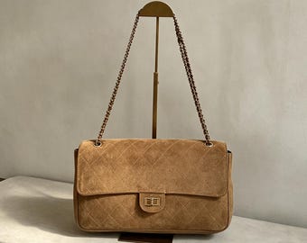 Suede Quilted Chain Bag, Large Leather Shoulder Bag, Vintage Inspired Crossbody Purse, Elegant Everyday Handbag, Gift for Her
