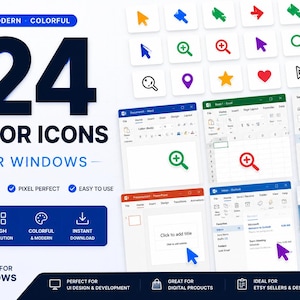 Op de afbeelding: Een digitale collectie van 124 cursor-iconen voor Windows, met een verscheidenheid aan kleurrijke, moderne ontwerpen zoals pijlen, vergrootglazen, sterren en harten, weergegeven naast voorbeelden van het gebruik ervan in software-interfaces.
