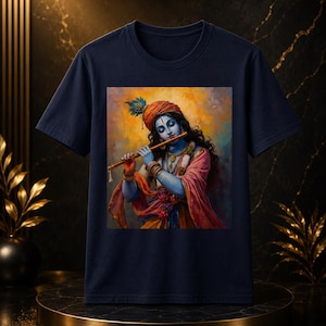 Può includere: T-shirt blu navy con un dipinto vibrante di una figura dalla pelle blu che suona il flauto, adornata con un turbante e gioielli. L'opera d'arte ha una calda tavolozza di colori con tonalità arancioni, rosa e gialle. La maglietta è esposta su una superficie scura e strutturata.