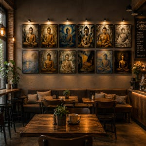 May include: A coffee shop interior featuring twelve framed wall art prints of Buddha in various artistic styles and color palettes, arranged in two rows above a long brown leather bench seat with wooden tables and chairs in the foreground.