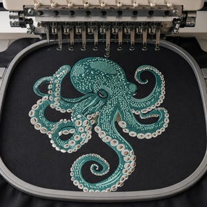 May include: An embroidery machine hoop holding black fabric with a detailed teal and white octopus design stitched into the center. The octopus features intricate textures on its head and multiple curling tentacles with visible suction cup details.