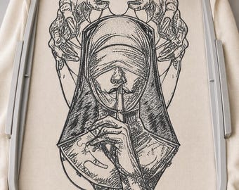 Gothic Nun Embroidery Design, Silent Nun Embroidery Pattern, Dark Religious Gothic Art, Horror Inspired Embroidery, Creepy Gothic Wall Art