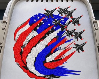 Projekt haftu samolotów odrzutowych z okazji 4 lipca, haft patriotyczny z myśliwcem, haft z flagą USA, haft z samolotem wojskowym Sił Powietrznych USA
