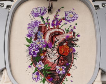 Floral Anatomical Heart Embroidery Design, Botanical Heart Embroidery Pattern, Human Anatomy with Wildflowers, Gothic Floral Heart Decor,