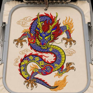 Diseño de bordado de dragón chino, majestuoso patrón de bordado de dragón oriental, arte de bordado a máquina de dragón mítico asiático y regalos de fantasía