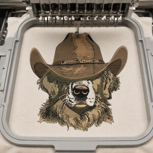 Borduurpatroon van een cowboyhond, westernhond met cowboyhoed, machinaal borduren, rustieke ranchpuppy voor jassen, shirts en cadeaus