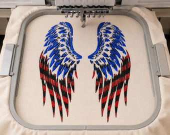 Patriotyczny wzór haftu skrzydeł anioła, wzór haftu skrzydeł z piórami z flagi amerykańskiej, Dzień Pamięci, 4 lipca, sztuka skrzydeł wolności