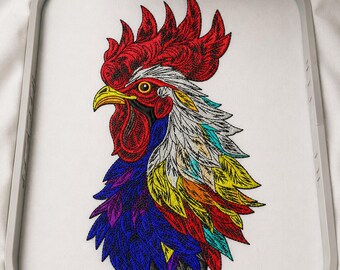 Colorful Rooster Head Embroidery Design, Farmhouse Chicken Embroidery Pattern, Country Farm Animal Embroidery, Vibrant Feather Rooster Decor