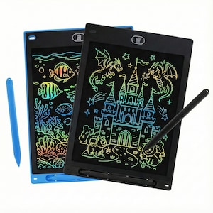 May include: Two colorful electronic drawing tablets with stylus pens. One tablet is blue, the other is black. The screens display vibrant drawings of a castle with dragons and fish with coral. The tablets are designed for creative expression.