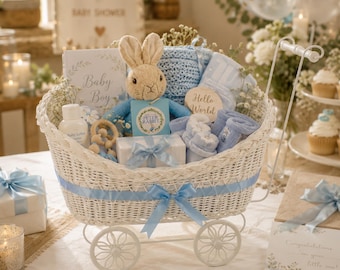 Pram Baby Hamper Basket Nursery Organizer Keepsake Storage Crate for Baby Shower Gift, Newborn Girl Boy Gifts