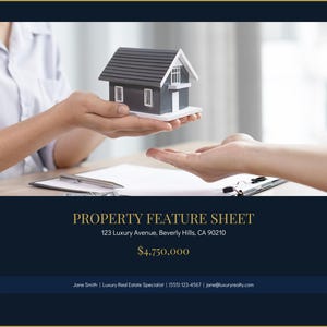 May include: A property feature sheet for 123 Luxury Avenue, Beverly Hills, CA 90210. The document displays the text PROPERTY FEATURE SHEET, the address, and the price $4,750,000, along with contact details for Jane Smith, Luxury Real Estate Specialist.
