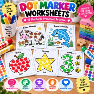 Puede incluir: Un conjunto de hojas de trabajo para marcadores de puntos con 16 actividades preescolares imprimibles sobre animales de granja, animales marinos, frutas, formas y números. Incluye un vaso blanco con marcadores coloridos y hojas con ilustraciones de una vaca, un delfín, una manzana, una estrella y el número tres.