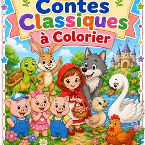 May include: A colorful children's coloring book cover titled 10 Contes Classiques à Colorier featuring illustrations of a turtle, rabbit, three pigs, a girl in a red hood, a wolf, a duckling, a swan, and a hen with eggs, plus a castle.