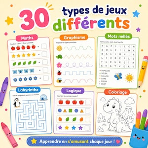 May include: A colourful educational activity sheet featuring 30 types of games including maths counting, tracing lines, word searches, mazes, logic patterns, and a dinosaur colouring page. The sheet includes crayons and a pencil holder.