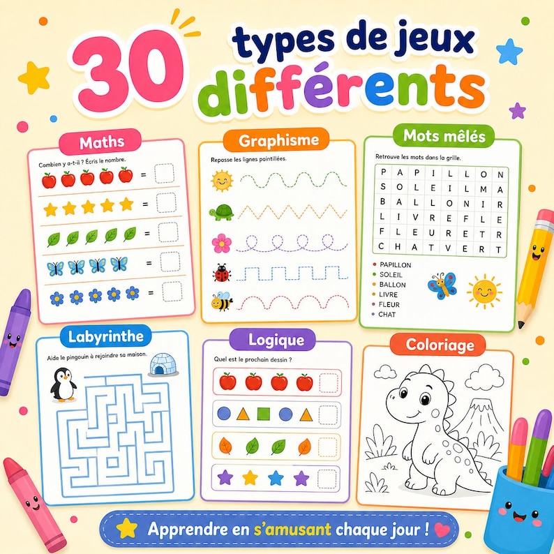 May include: A colourful educational activity sheet featuring 30 types of games including maths counting, tracing lines, word searches, mazes, logic patterns, and a dinosaur colouring page. The sheet includes crayons and a pencil holder.