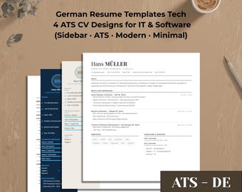 German Resume Templates Tech | 4 ATS CV Designs for IT & Software | Word pdf Instant Download