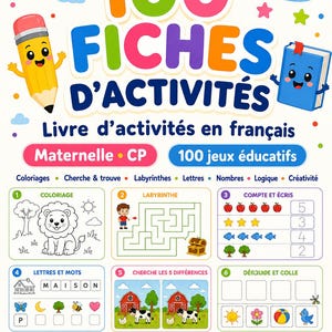 Peut inclure: Une couverture de livre d'activités éducatives intitulée 100 FICHES D'ACTIVITÉS avec un crayon et un livre animés. Elle présente des sections de coloriage, labyrinthes, comptage, lettres et jeux de logique pour enfants, avec des icônes PDF et imprimable.