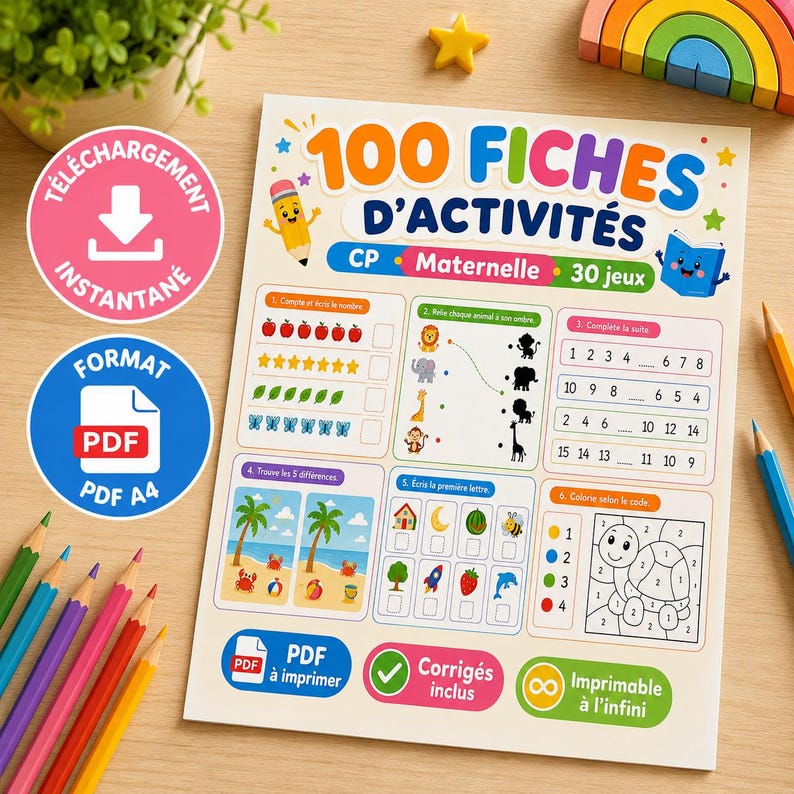 May include: A printable activity sheet titled 100 FICHES D'ACTIVIT&Eacute;S featuring six educational sections including counting, matching animals to shadows, number sequences, spot the difference, letter identification, and a colour-by-number turtle.