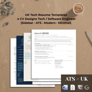 May include: A set of four resume templates for tech and software engineering roles, featuring modern and minimal designs. The text includes UK Tech Resume Templates, 4 CV Designs Tech / Software Engineer (Sidebar · ATS · Modern · Minimal) and ATS - UK.