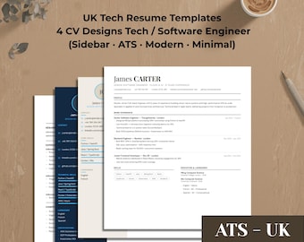 UK Tech Resume Templates | 4 CV Designs Software Engineer London | Word docx PDF Instant Download