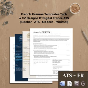 以下が含まれることがあります： テックおよびIT専門家向けのフランス語履歴書テンプレート4種セット。モダンなレイアウトとサイドバーが特徴です。テキストには「French Resume Templates Tech 4 CV Designs IT Digital France ATS (Sidebar · ATS · Modern · Minimal)」と記載されています。