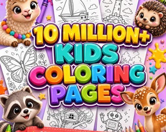 May include: A digital graphic featuring the text 10 MILLION+ KIDS COLORING PAGES and MRR + PLR INCLUDED. The design includes illustrations of a llama, hedgehog, raccoon, and deer, alongside black and white colouring sheets of a boat, lighthouse, butterfly, treehouse, and robot.