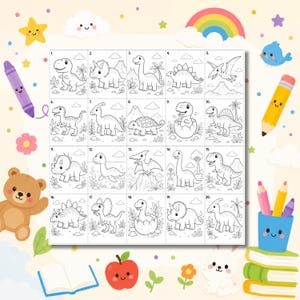 May include: A grid of twenty numbered dinosaur colouring pages featuring various species in natural settings. The sheet is surrounded by illustrations of a purple crayon, yellow pencil, teddy bear, apple, blue cup with coloured pencils, and books.