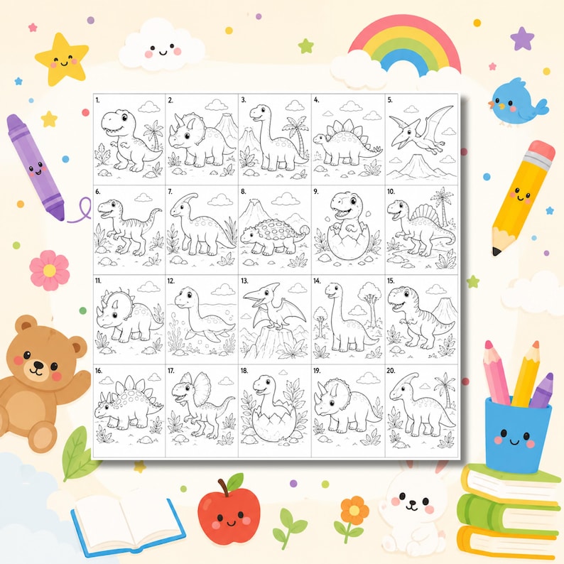 May include: A grid of twenty numbered dinosaur colouring pages featuring various species in natural settings. The sheet is surrounded by illustrations of a purple crayon, yellow pencil, teddy bear, apple, blue cup with coloured pencils, and books.