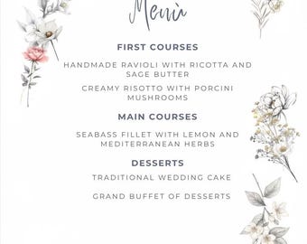 Coleção Floreal - Modelo de Menu Editável, Menu de Casamento Floral para Imprimir, Cartão de Jantar Minimalista e Elegante